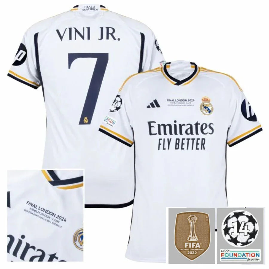 Real Madrid Home Fan Jersey 2023/24 Vini Jr. 7 Patch Fifa Wcc Patch Ucl Uefa Foundation Patches