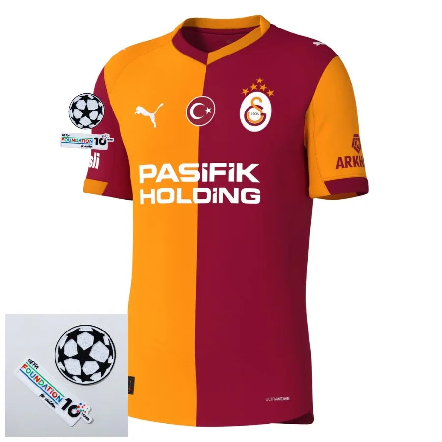 Galatasaray Home Fan Jersey 2025/26 Patches Ucl + 10Th Anniversary Uefa Foundation