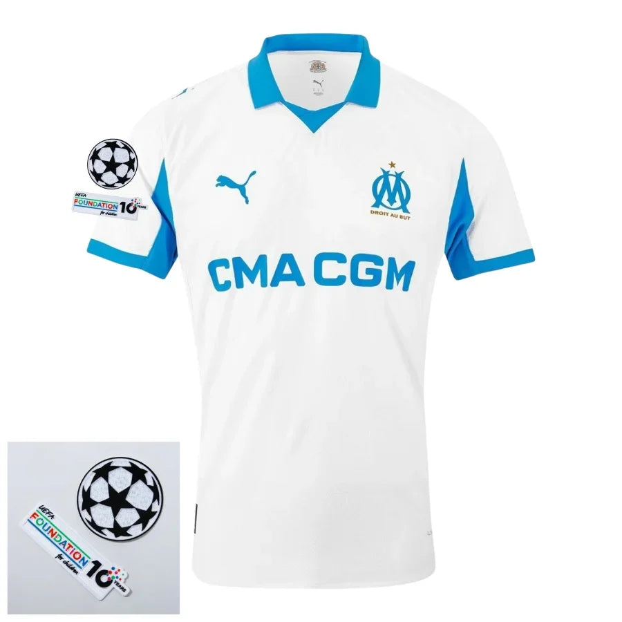 Olympique Marseille Home Fan Jersey 2025/26 Patches Ucl + 10Th Anniversary Uefa.