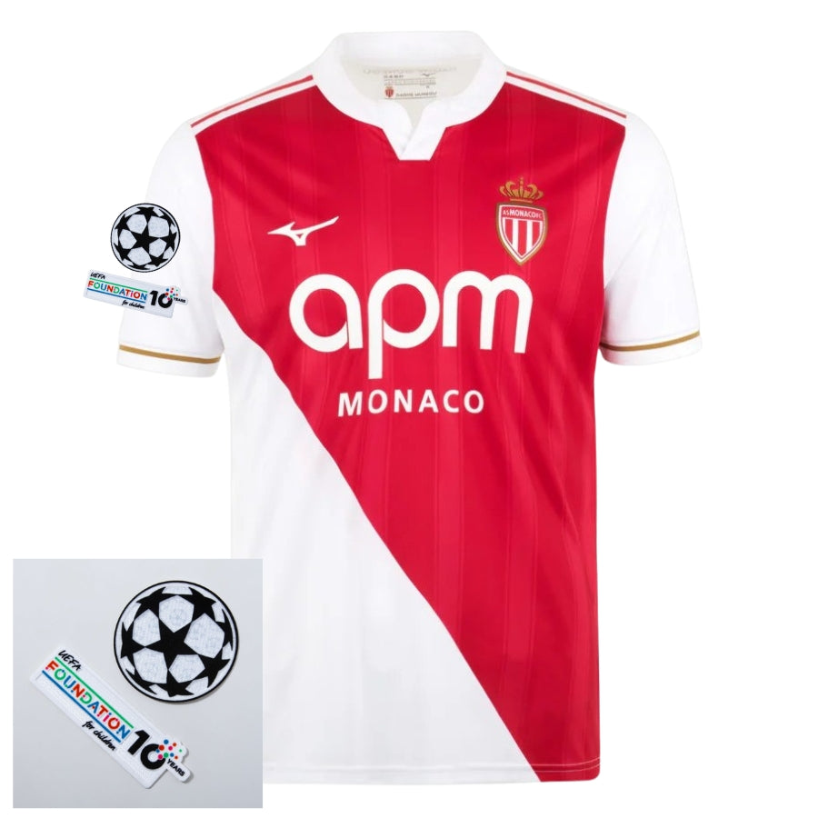 Monaco Home Fan Jersey 2025/26 Patches Ucl + 10Th Anniversary Uefa Foundation