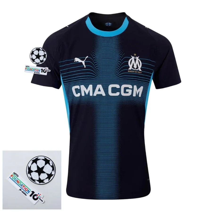 Olympique Marseille Away Fan Jersey 2025/26 Patches Ucl + 10Th Anniversary Uefa.