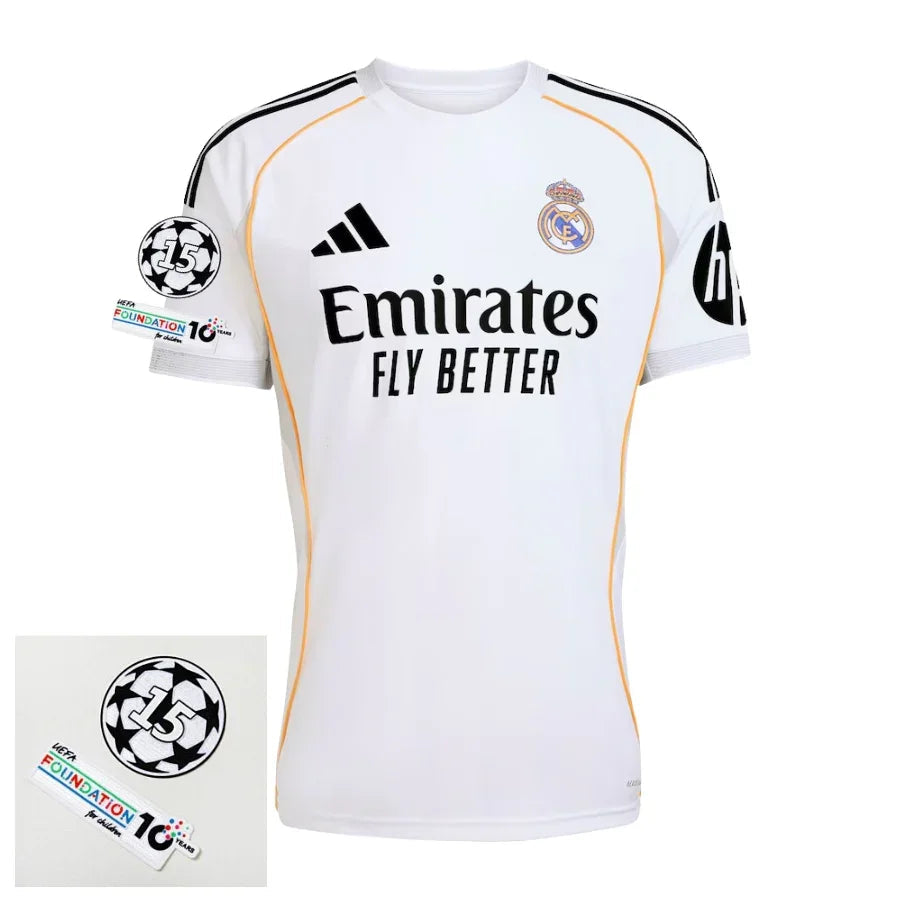 Real Madrid Home Fan Jersey 2025/26 Patches Ucl + 10Th Anniversary Uefa.